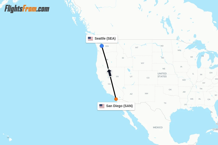 Flights from San Diego to Seattle route map
