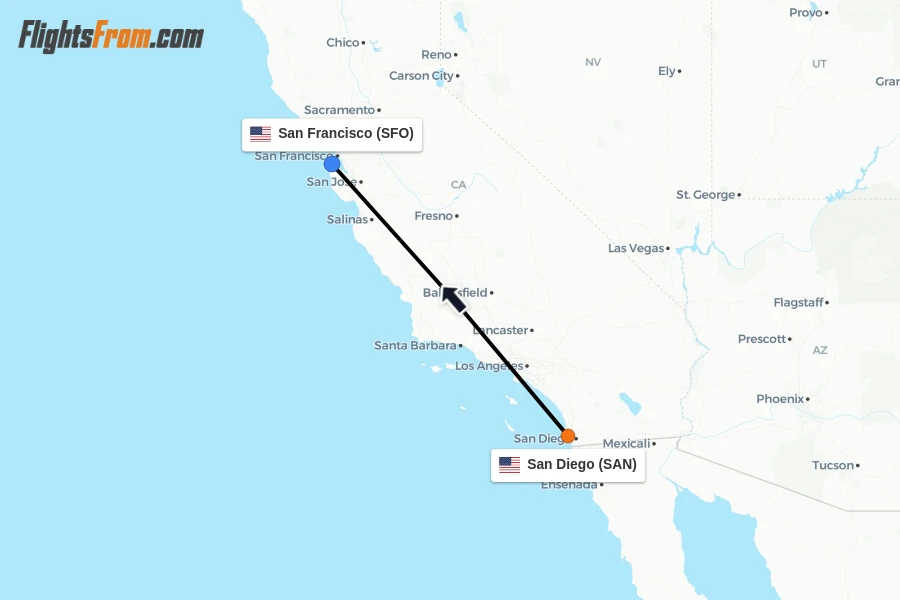 Flights from San Diego to San Francisco route map