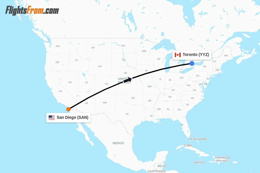 Flights from San Diego to Toronto route map