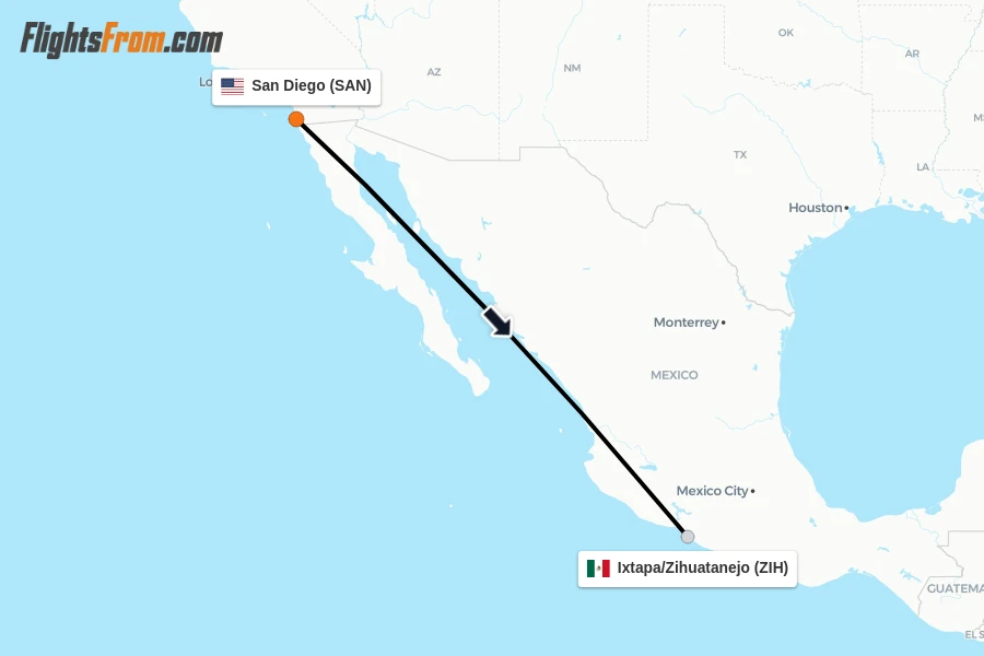 Flights from San Diego to Ixtapa/Zihuatanejo route map