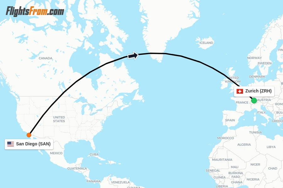 Flights from San Diego to Zurich route map