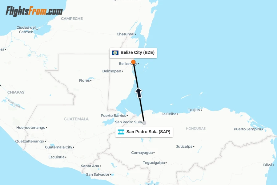 Flights from San Pedro Sula to Belize City route map