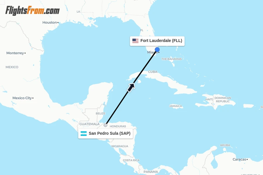 Flights from San Pedro Sula to Fort Lauderdale route map