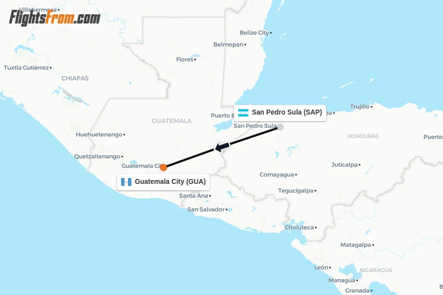 Flights from San Pedro Sula to Guatemala City route map
