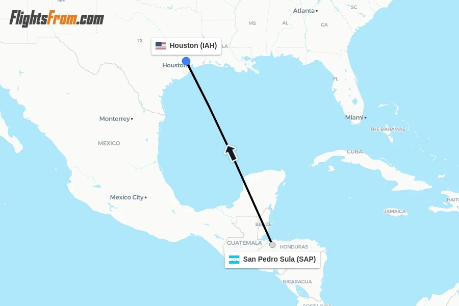 Flights from San Pedro Sula to Houston route map