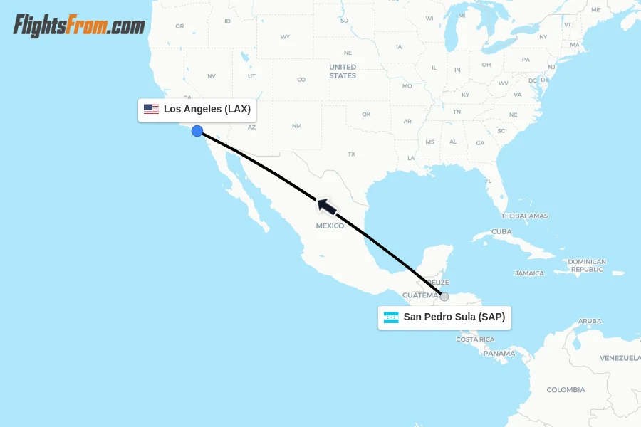 Flights from San Pedro Sula to Los Angeles route map