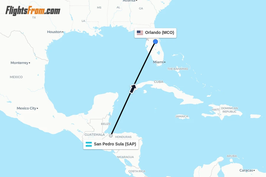 Flights from San Pedro Sula to Orlando route map