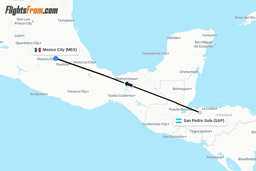 Flights from San Pedro Sula to Mexico City route map