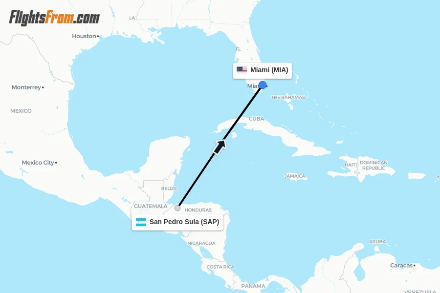 Flights from San Pedro Sula to Miami route map