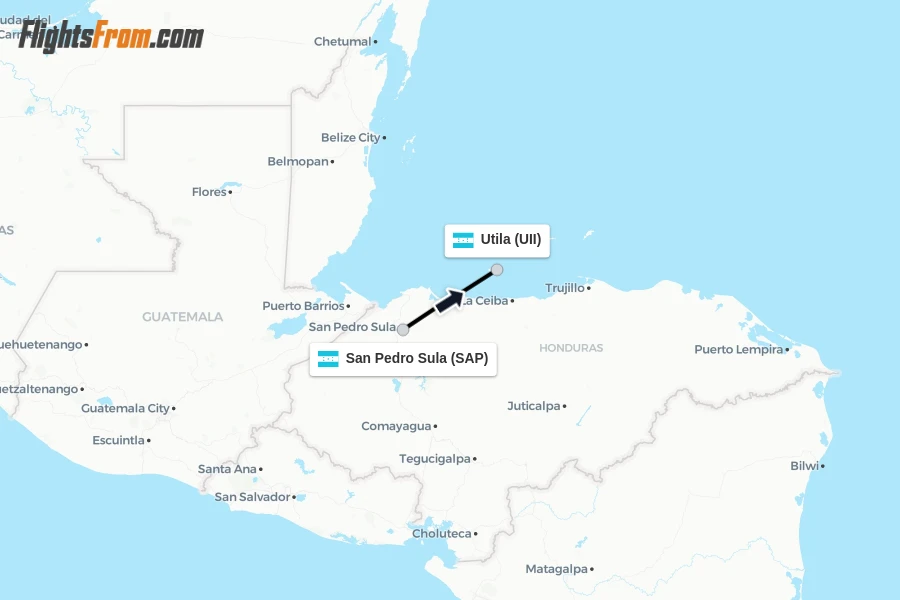 Flights from San Pedro Sula to Utila route map