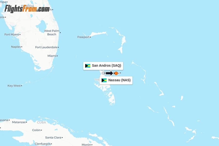 Flights from San Andros to Nassau route map