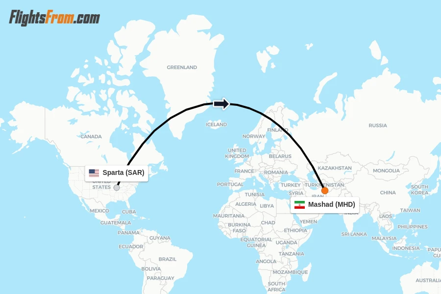 Flights from Sparta to Mashad route map