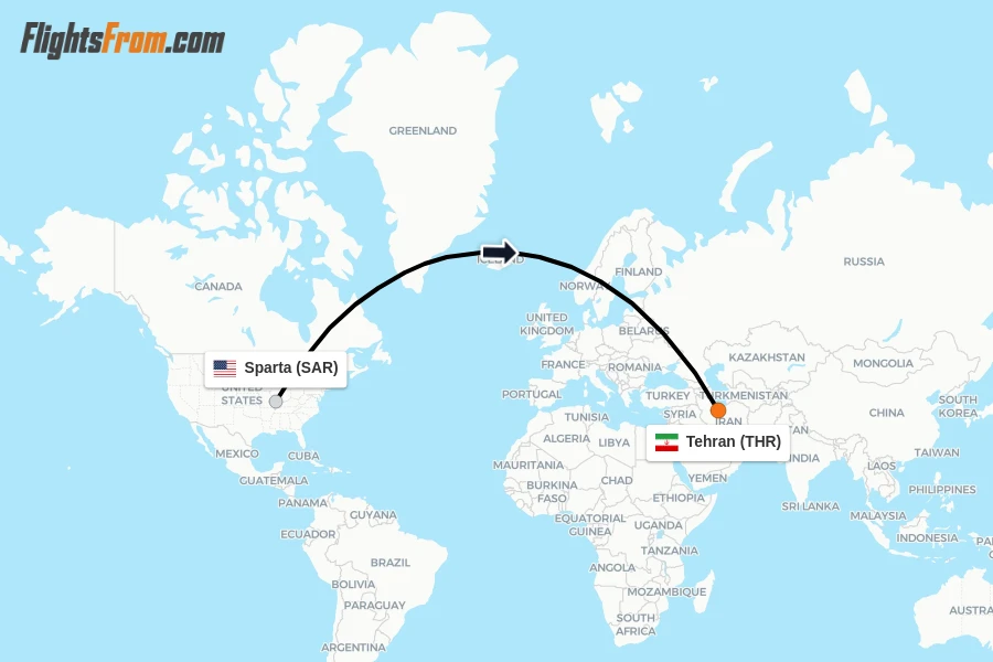 Flights from Sparta to Tehran route map