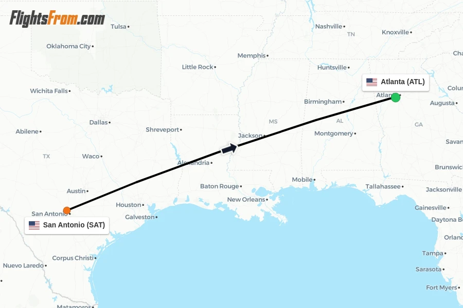 Flights from San Antonio to Atlanta route map