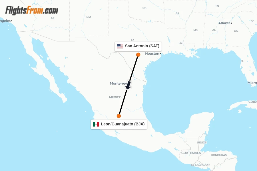 Flights from San Antonio to Leon/Guanajuato route map