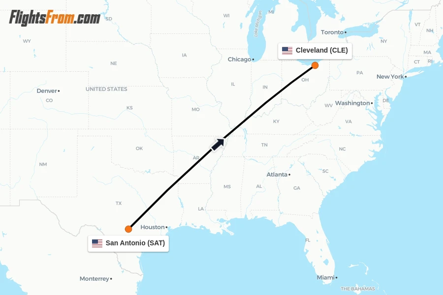 Flights from San Antonio to Cleveland route map
