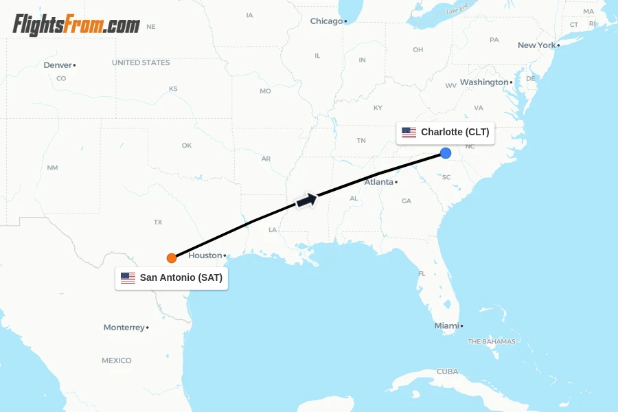 Flights from San Antonio to Charlotte route map