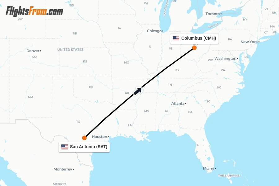 Flights from San Antonio to Columbus route map