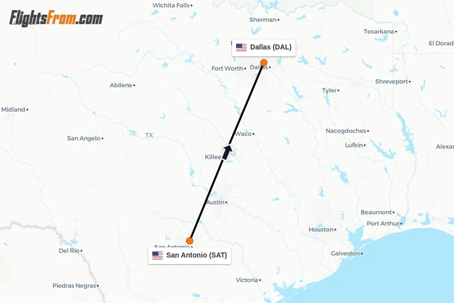 Flights from San Antonio to Dallas route map