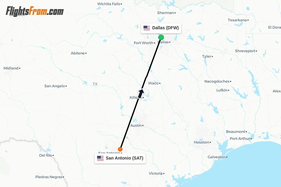 Flights from San Antonio to Dallas route map