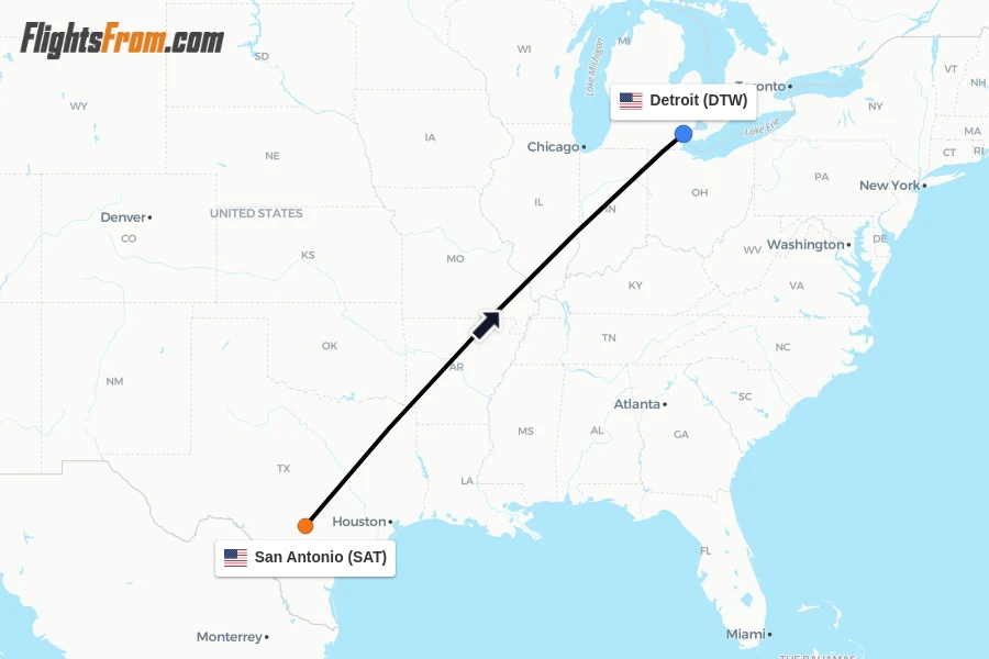 Flights from San Antonio to Detroit route map