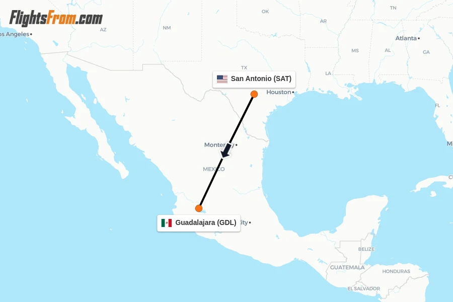 Flights from San Antonio to Guadalajara route map