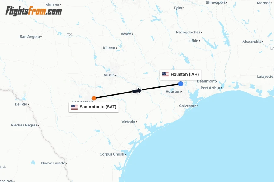 Flights from San Antonio to Houston route map
