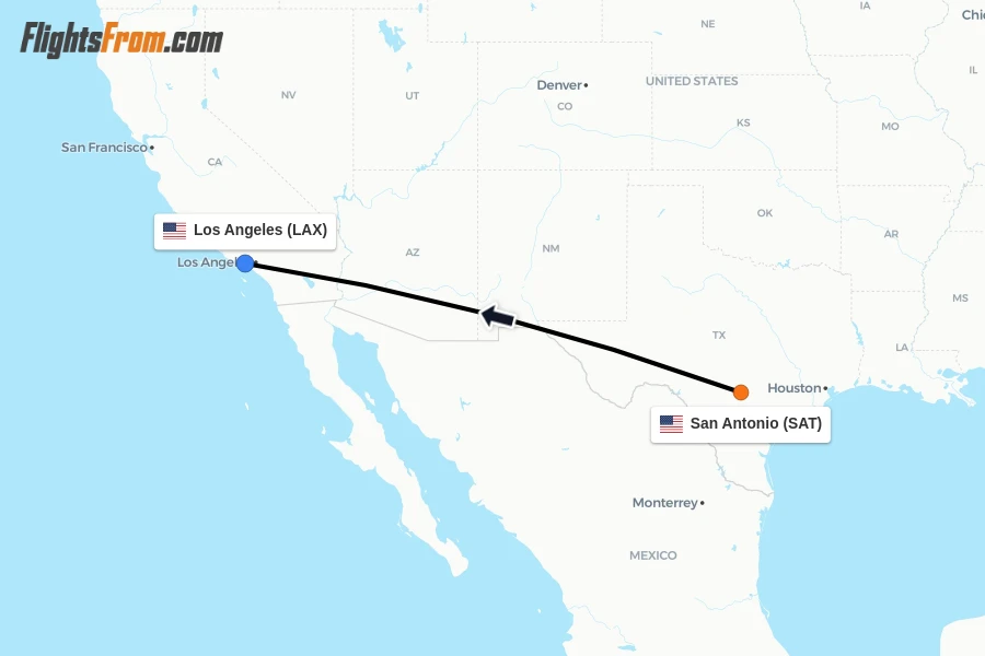 Flights from San Antonio to Los Angeles route map