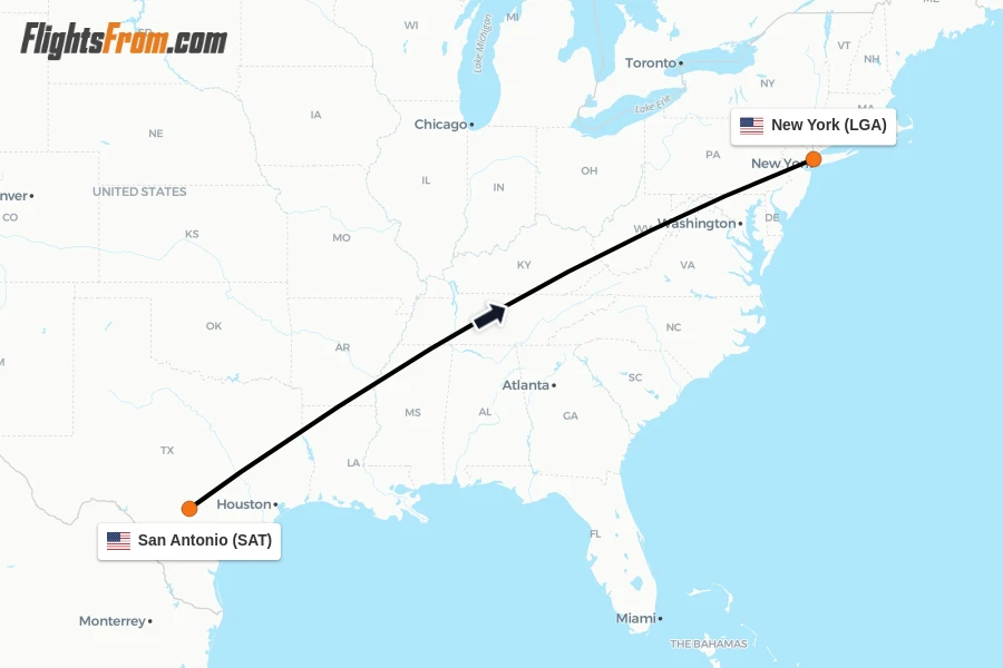 Flights from San Antonio to New York route map