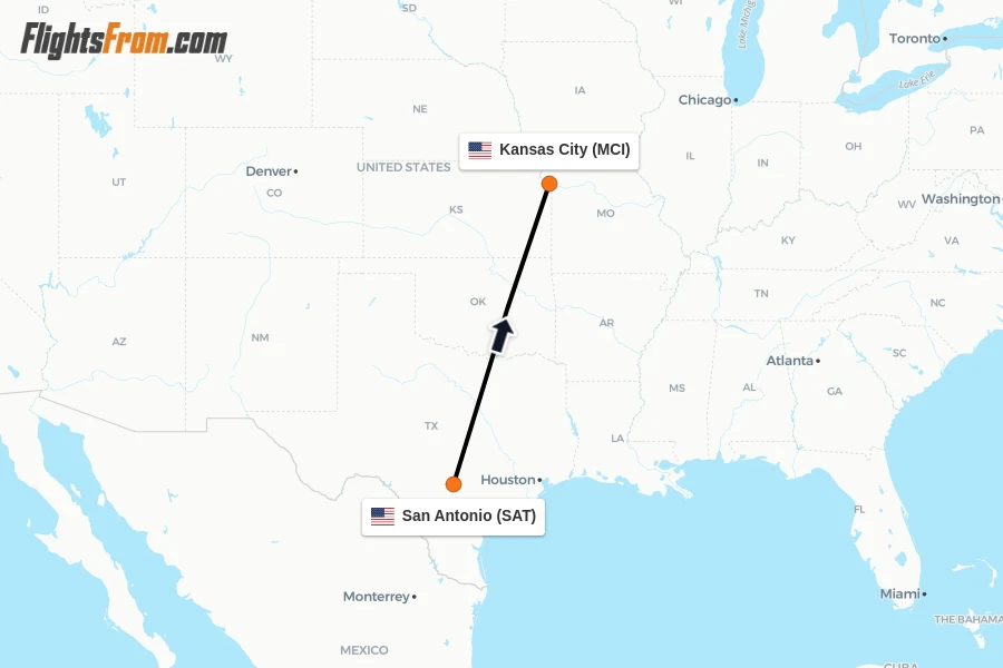 Flights from San Antonio to Kansas City route map