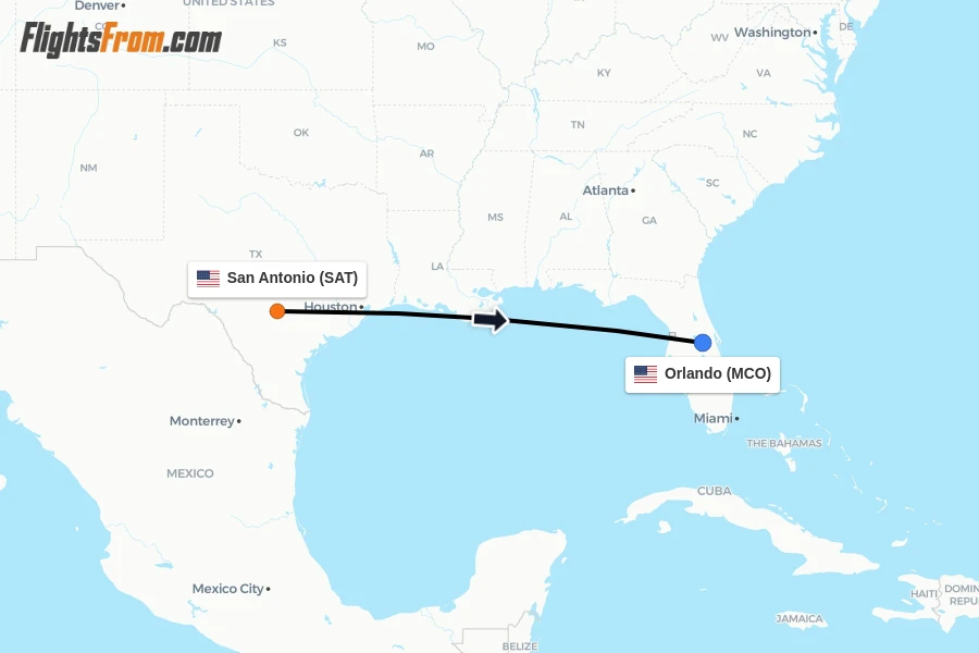Flights from San Antonio to Orlando route map