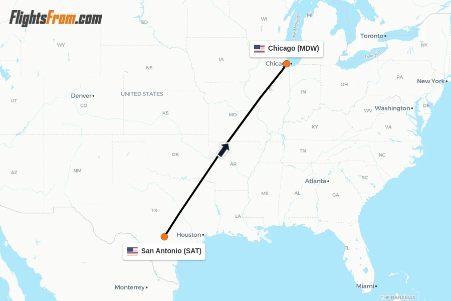 Flights from San Antonio to Chicago route map