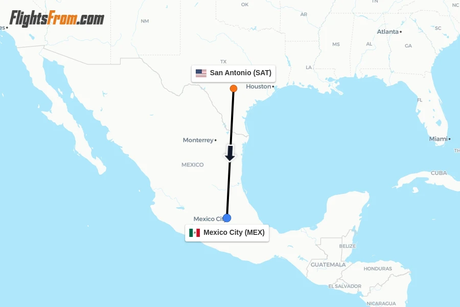 Flights from San Antonio to Mexico City route map