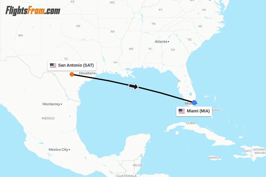 Flights from San Antonio to Miami route map