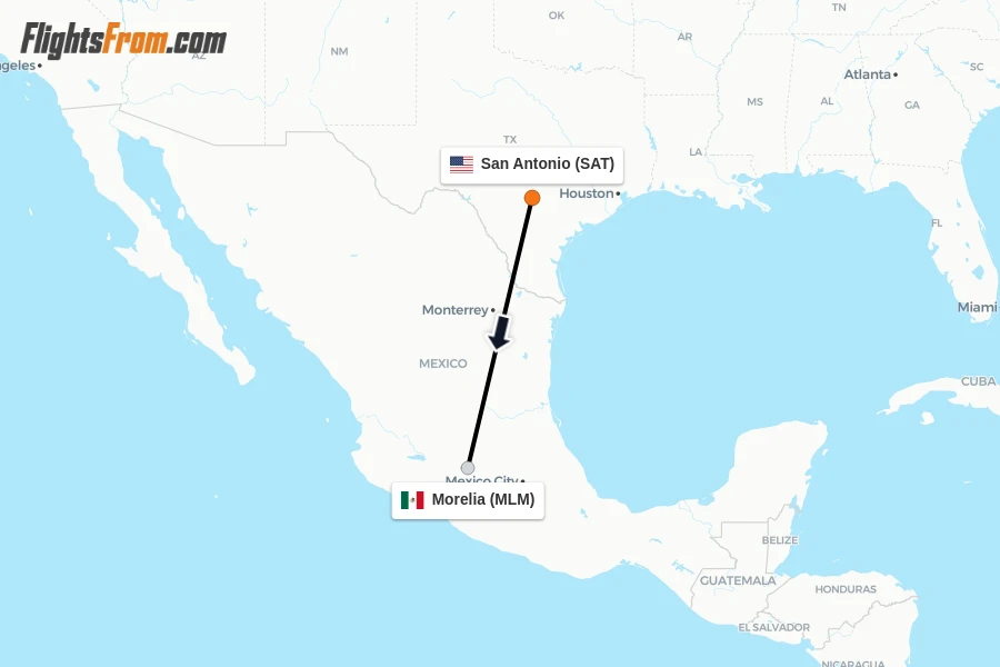 Flights from San Antonio to Morelia route map