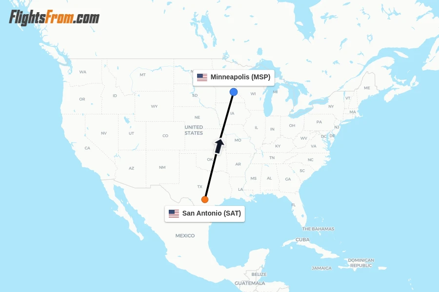 Flights from San Antonio to Minneapolis route map