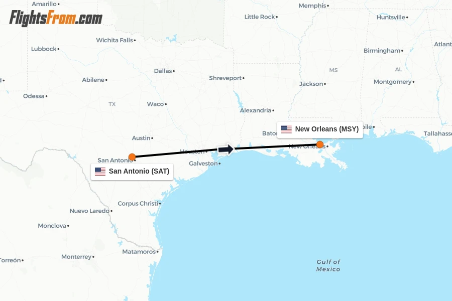 Flights from San Antonio to New Orleans route map