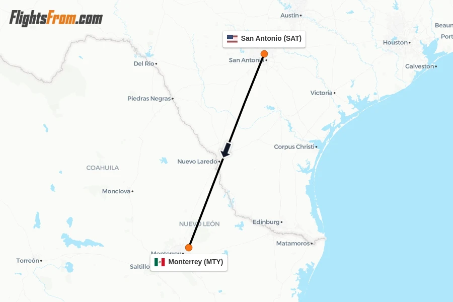 Flights from San Antonio to Monterrey route map