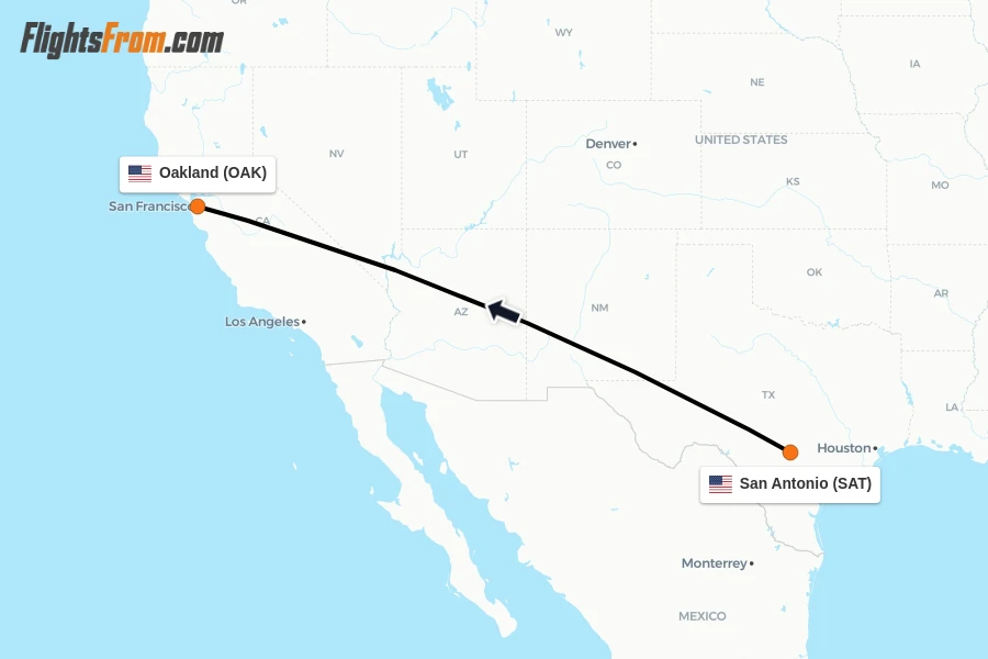 Flights from San Antonio to Oakland route map
