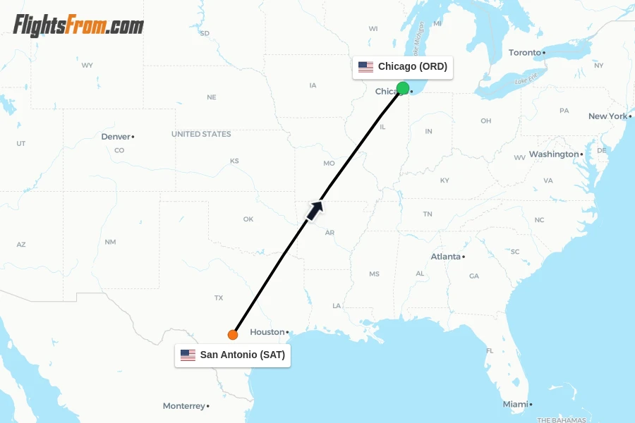 Flights from San Antonio to Chicago route map