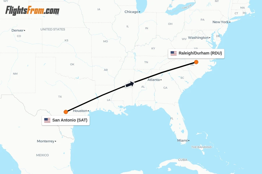 Flights from San Antonio to Raleigh/Durham route map