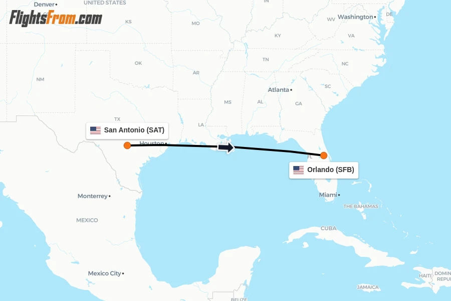 Flights from San Antonio to Orlando route map