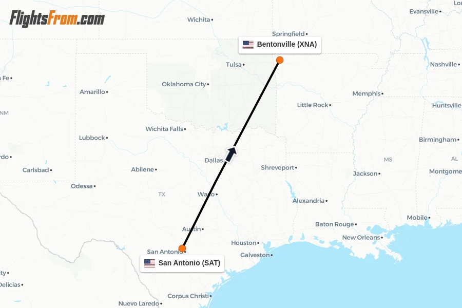 Flights from San Antonio to Bentonville route map