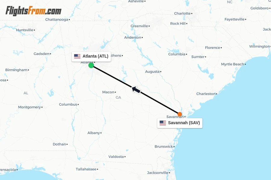Flights from Savannah to Atlanta route map
