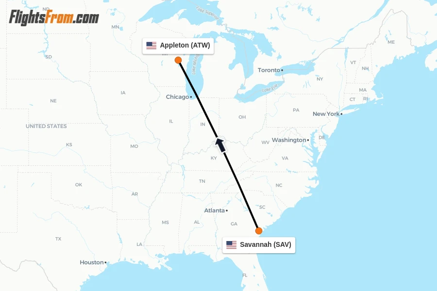 Flights from Savannah to Appleton route map