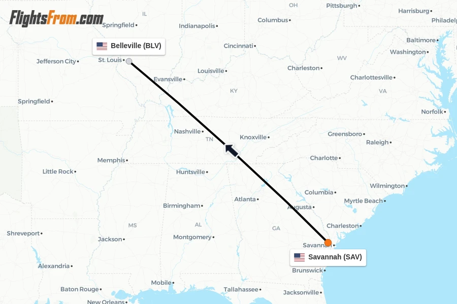 Flights from Savannah to Belleville route map
