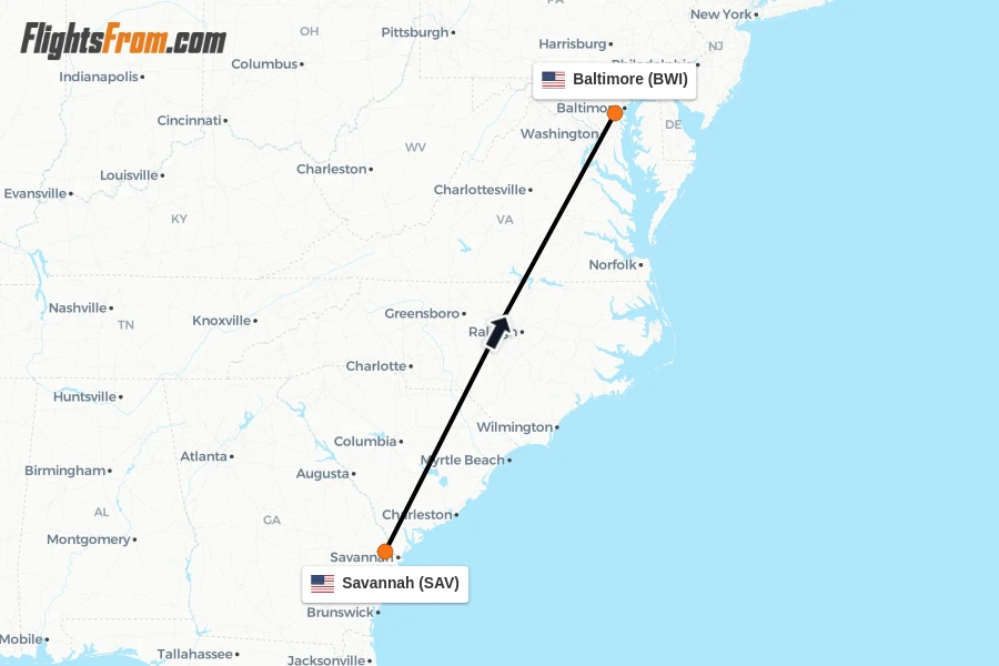 Flights from Savannah to Baltimore route map