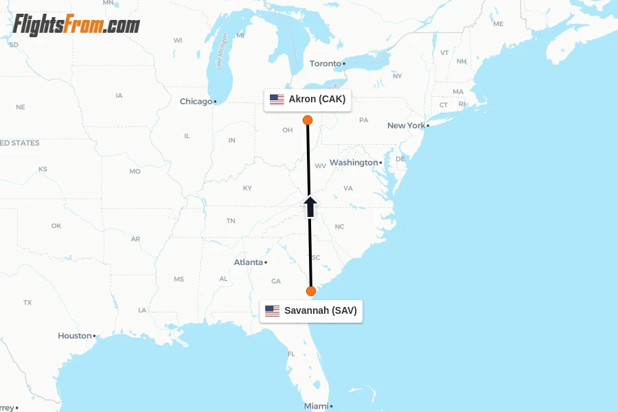 Flights from Savannah to Akron route map
