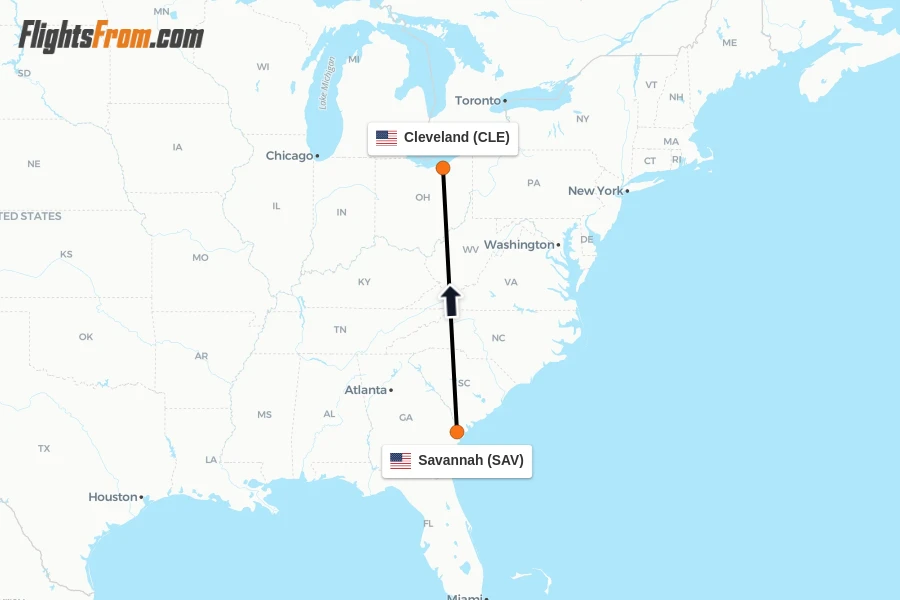 Flights from Savannah to Cleveland route map