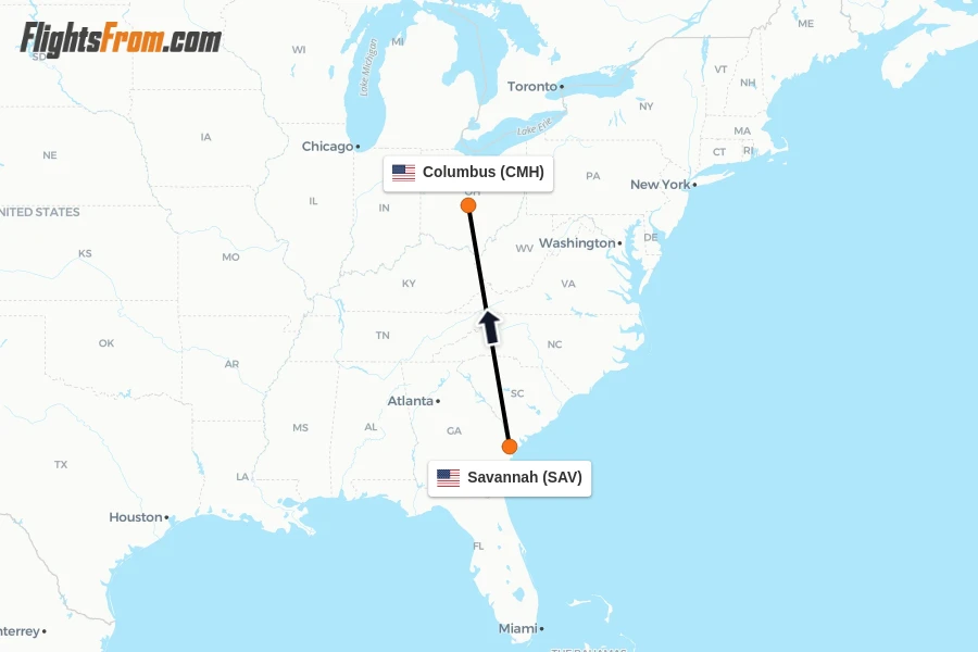 Flights from Savannah to Columbus route map